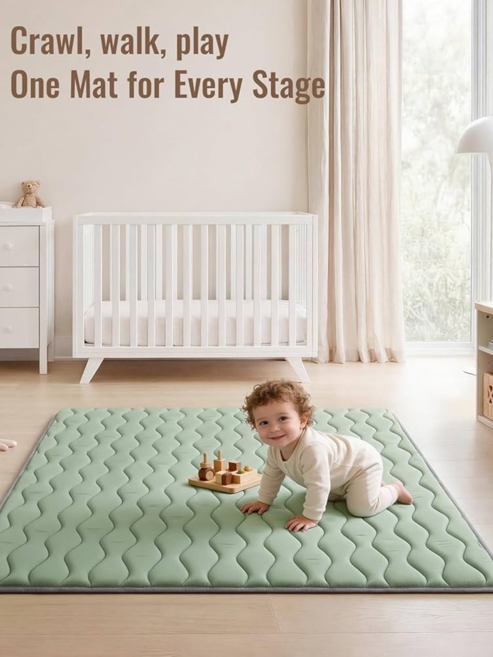 Blissful Diary Sage Baby Padded Play Mat for Floor, 50x50 Playpen Tummy Time Mat